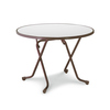 Runder Klapptisch mit braunem Metallgestell und weißer Tischplatte, als Produktabbildung gezeigt.