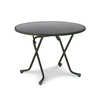 Runder Klapptisch mit Stahlrohrgestell und anthrazitfarbener Tischplatte, auf Rollen.