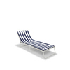 Campingliege in Weiß und Blau mit gestreiften Bezug und stabilem Rohrgestell.