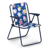 Blauer Kinder-Campingstuhl mit buntem Eulenmotiv und stabiler Rahmenkonstruktion.