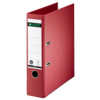 Roter Ordner im DIN A4-Format mit einer 80 mm breiten Rückenfläche und zwei Mechaniköffnungen.