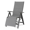 Grauer Gartenstuhl mit hoher Rückenlehne, verstellbarer Lehne und Fußstütze.