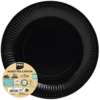 Schwarzer Papp-Speiseteller mit einem Durchmesser von 23 cm und Etikett.