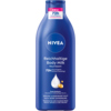 Flasche NIVEA Reichhaltige Body Milk mit blauer Verpackung und Pumpverschluss.