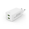 Weißer Netzadapter mit zwei USB-C-Anschlüssen und 65 W Leistung.