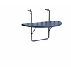 Schwarzer, halbmondförmiger Balkonhängetisch mit zwei Halterungen zur Befestigung.