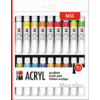 Paket mit 18 Tuben Marabu Acrylfarbe in verschiedenen Farben mit 12 ml Inhalt pro Tube.