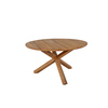 Runder Gartentisch in Teak-Optik mit stabilem Kreuzfuß auf weißem Hintergrund.