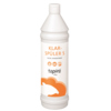 Weißer Kunststoffflasche mit orangefarbener Schrift und Hinweis auf Klarspüler für Geschirrspüler.