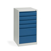 Schubladenschrank mit sechs Schubladen in blau und grauem Korpus, Frontansicht.