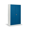 Flügeltürenschrank in Enzianblau mit zwei verstärkten Türen und einem zentralen Schloss.