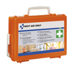 Erster Hilfe Koffer in Orange mit abnehmbarem Griff und Hinweis auf Inhalt und Verwendung.