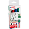 Vier edding Whiteboardmarker in rot, blau, grün und schwarz in einer Verpackung.