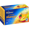 Packung mit Meßmer Tee Brasilianische Mango und Glas mit Mango-Tee und Mangostücken.