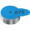 Knopfzelle mit blauer Oberseite und Zahl 675, seitliche Ansicht des Produkts.