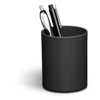 Schwarzer Stifteköcher mit zwei Schreibgeräten, in einem minimalistischen Design.