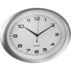 Weiße Wanduhr mit schwarzer Ziffernskala und silbernem Gehäuse in ovaler Form.