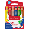Sechs Faber-Castell Buntstifte in einer Verpackung mit ergonomischer Form und Lochmuster.