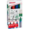 Vier Flipchartmarker in einer Kartonschachtel, erhältlich in Grün, Blau, Rot und Schwarz.