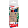 Vier edding Permanentmarker in einer Verpackung mit einem bunten Design auf Karton.