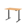 Schreibtisch mit höhenverstellbarem Gestell und Holzplatte in Buche und Graphit.