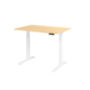 Höhenverstellbarer Schreibtisch in Ahorn-Optik mit weißem Gestell und Bedienteil.