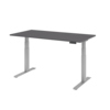 Schreibtisch in graphit mit silbernen Beinen und Taster für Höhenverstellung.