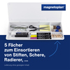 Weißer Desk-Organizer mit fünf Fächern für Büroutensilien und beschreibbarer Glasoberfläche.