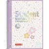 Liniertes Collegeblock Cover mit bunten Punkten und Blumen auf lila Hintergrund.