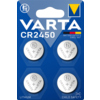 Vier Varta CR2450 Lithium Knopfzellen auf blauer Verpackung mit Kindersicherheits-Symbol.