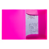Neonpinkfarbene Sammelmappe im geöffneten Zustand mit eingelegtem Papier und Zeichnung.