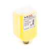 Flüssigseife in einem gelben Spender mit einer Liste der Inhaltsstoffe auf der Rückseite.