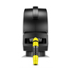 Schlauchaufroller mit schwarzem Gehäuse und gelbem Schlaucheinlass, Frontansicht.
