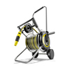 Schlauchwagen mit stabiler Metalltrommel, ergonomischem Handgriff und Gartenschlauch.
