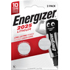 Zwei Lithium-Knopfzellen CR2025 in Verpackung mit aufgedruckten Informationen und Abbildungen.