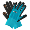 Paar von blauen Arbeitshandschuhen mit speziellen Fingerspitzen für Touchscreen-Bedienung.