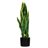 Künstliche Sansevieria-Pflanze in schwarzem Topf, 65 cm hoch, mit grünen Blättern und gelbem Rand.