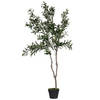 Künstlicher Olivenbaum mit zwei Stämmen in einem schwarzen Topf, 155 cm hoch.