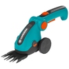 Akku-Grasschere mit ergonomischem Griff und verstellbarem Handgriff in blauer Farbe.