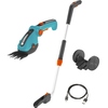 Akku-Grasschere mit Teleskopstiel, ergonomischem Griff, Ladegerät und USB-Kabel.