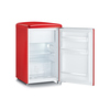 Rotfarbener Retro-Tischkühlschrank mit offenem Türbild und verstellbaren Abstellflächen.