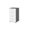 Weißer Schubladenschrank mit vier Schubladen und graphitfarbenem Oberteil, höhenverstellbar.