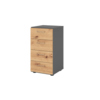 Schubladenschrank in Graphit mit vier Holzschubladen in Asteiche-Optik, höhenjustierbar.