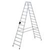 Stehleiter in A-Form mit geriffelten Stufen und stabilen Rechteckrohr-Holmen.