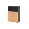 Regalschrank in graphit und buche mit einem offenen Fach und drei Schubladen.