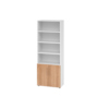 Hochschrank in Weiß mit Nussbaumtüren, fünf Fächern und Höhenverstellung.
