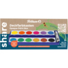 Farbkasten mit zwölf kräftigen Farben und Mischfeldern im Deckel auf einer Produktverpackung.