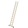 Sprossen-Anlegeleiter aus Holz mit rutschsicheren Leiterschuhen, geneigt abgebildet.