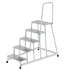 Podestleiter mit vier Aluminiumstufen, Handlauf und rutschfesten Füßen.