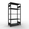 Schwarzes Metallregal mit vier Fachböden und zusätzlicher Rückenverstärkung.